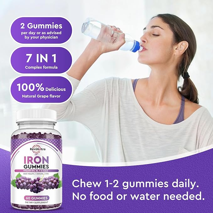 Iron Gummies - with Calcium, Zinc, Folate & Vitamin B12, C, B6 for Adults & Kids - Blood Builder & Energy Support for Iron Deficiency, Anemia, Vegan - Grape Flavour,60 Gummies