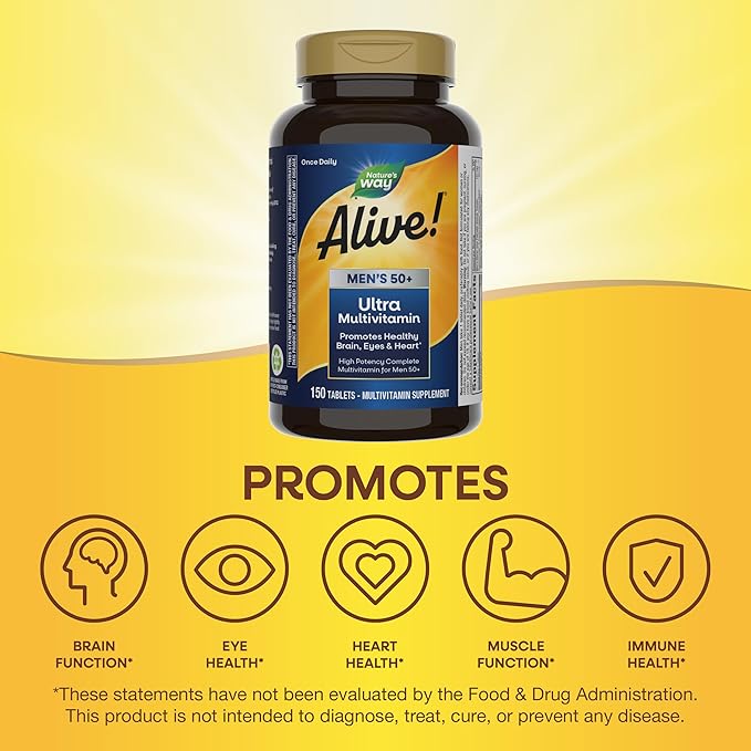 Nature's Way Alive! Men’s 50+ Daily Ultra Multivitamin, High Potency Formula, Supports Healthy Brain, Eyes & Heart*, with Methylated B12, Gluten-Free, 150 Tablets
