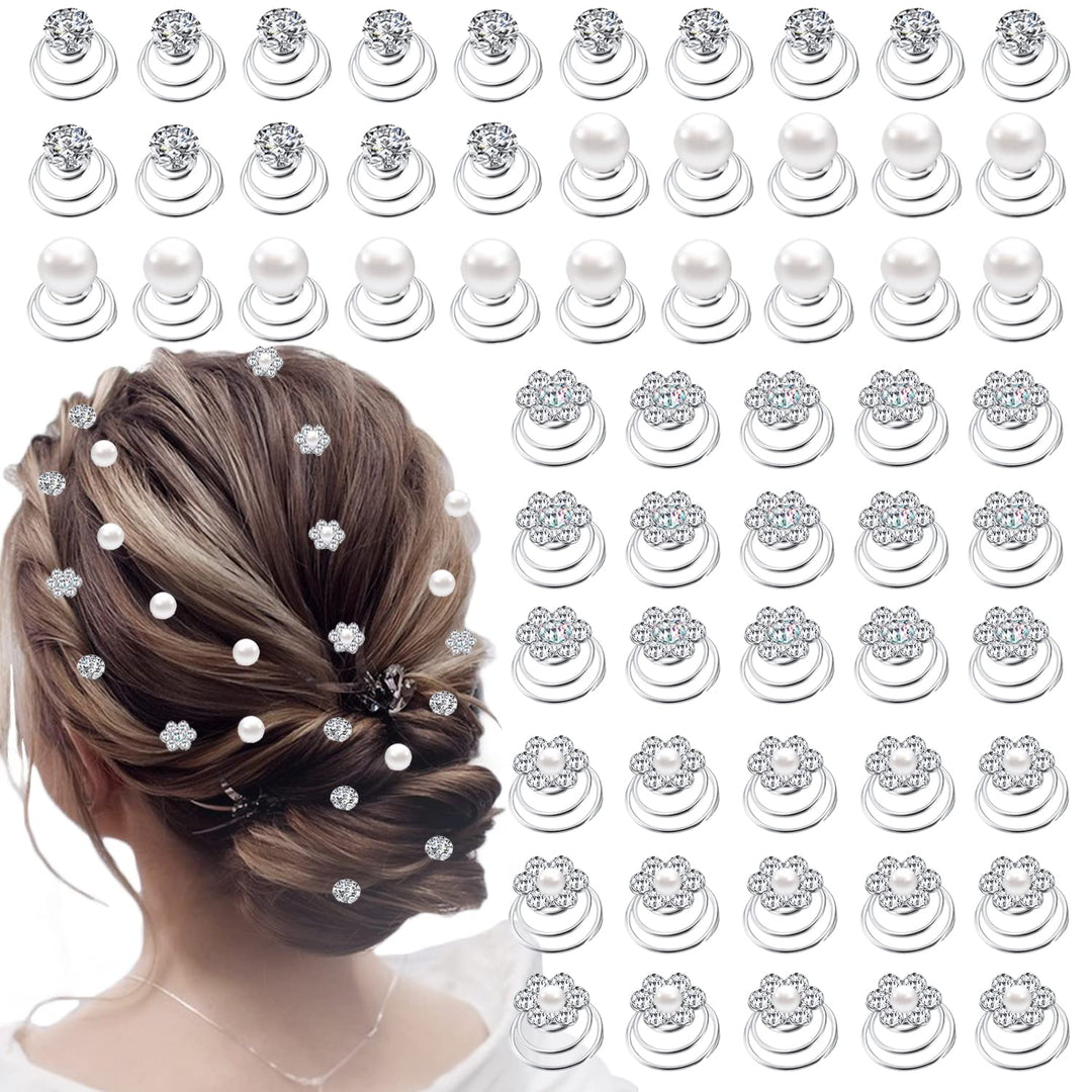 60 PCS 4 Shapes Gems Rhinestone Twister Hair Studs Set Diamond Spiral Pearl Flower Jewels Hair Pins Sticks for Wedding, Bridal, Prom, Party and Special Occasion, Pearl