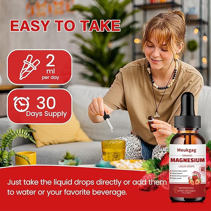 Magnesium Glycinate Liquid - 1000mg Liquid Magnesium Complex Supplement with Bromelain, D3, B6 & K2 - Magnesium Glycinate 500mg for Calm Mood/Muscle & Sleep, Strawberry Flavor, 2fl Oz