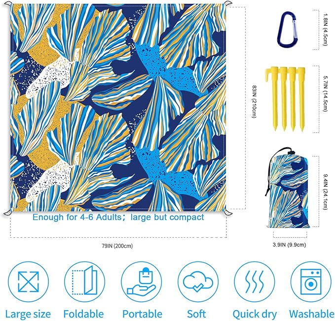 Beach Blanket, Waterproof Sandproof Beach Mat Oversized 79 X 83 Inch for 4-6 Adults, Lightweight Picnic Blanket, Portable Picnic Mat for Outdoor Travel Camping Hiking with 4 Stakes & 4 Corner Pocket