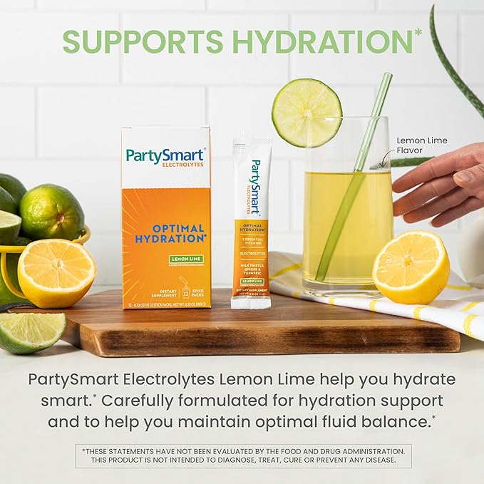 Himalaya PartySmart Lemon Lime Electrolytes Powder Packets, 12 Count, Support Hydration, Rehydrate with Sodium & Potassium, Vitamin C & more, Antioxidant Recovery Blend Milk Thistle, Ginger & Turmeric
