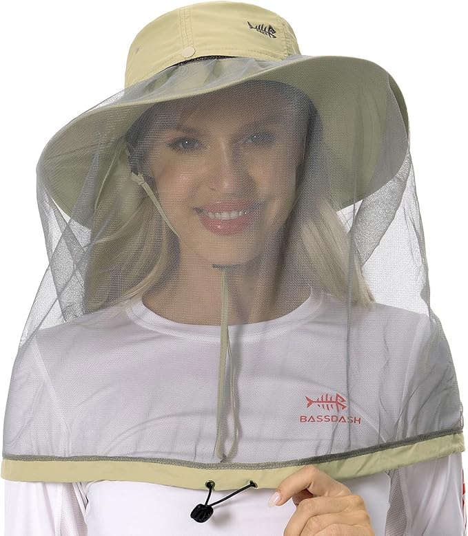 BASSDASH UPF 50+ Mosquito Sun Hat with Hidden Head Net and Neck Flap for Men Women Outdoor Fishing Hiking Camping FH16