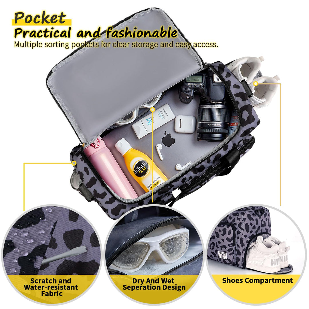 FIORETTO Women's Water-Resistant Gym Duffle Bag with Shoes Compartment, 37L Capacity, Multi-Functional, Ideal for Travel, Gym, Sports, Duffel, Weekender, Leopard Print