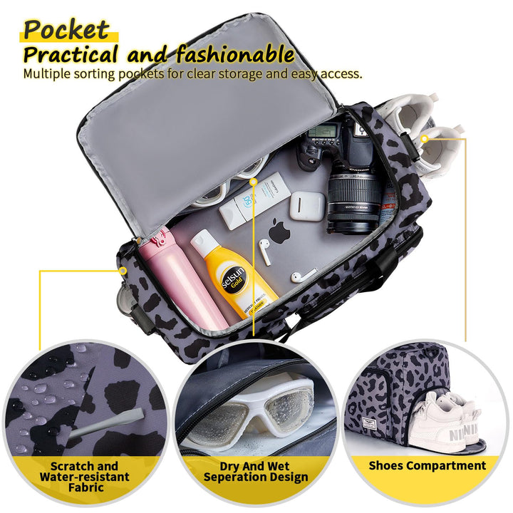 FIORETTO Women's Water-Resistant Gym Duffle Bag with Shoes Compartment, 37L Capacity, Multi-Functional, Ideal for Travel, Gym, Sports, Duffel, Weekender, Leopard Print