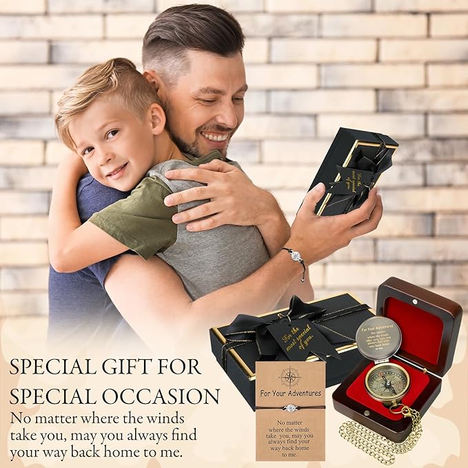 Compass Gift Set Engraved Compass with Chain Souvenir Present Bracelet with Greeting Card Walnut Wooden Box Gift Box for Women Men Friends Party Souvenir Favors