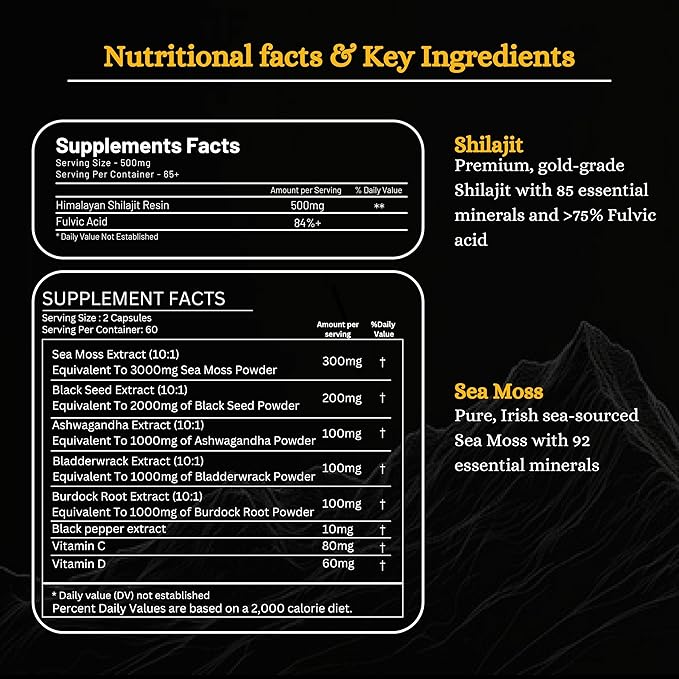 Sea Moss & Shilajit Vitality Bundle - Shilajit 500mg, Sea Moss 3000mg, Black Seed Oil 2000mg, Ashwagandha 1000mg, Burdock root & Bladderwrack for Men & Women All in 1 Supplement - 30 days Capsule