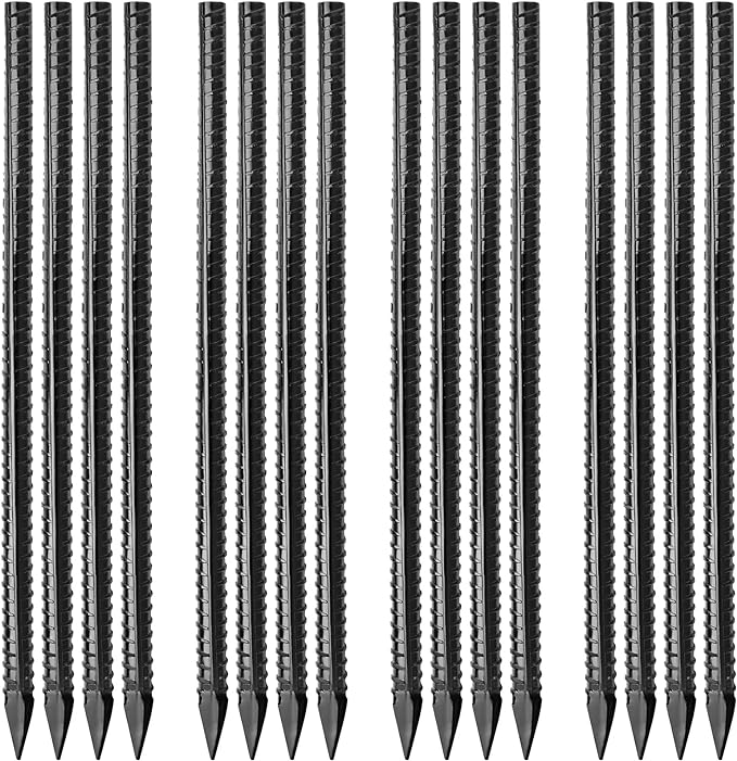 16 inches Ground Rebar Stakes (16 pcs) Heavy Duty Metal Spikes for Concrete Timber Garden Plant, Long Straight Steel Stakes for Tent, 3/8" Thickness Ground Anchors with Chisel Point End, Black