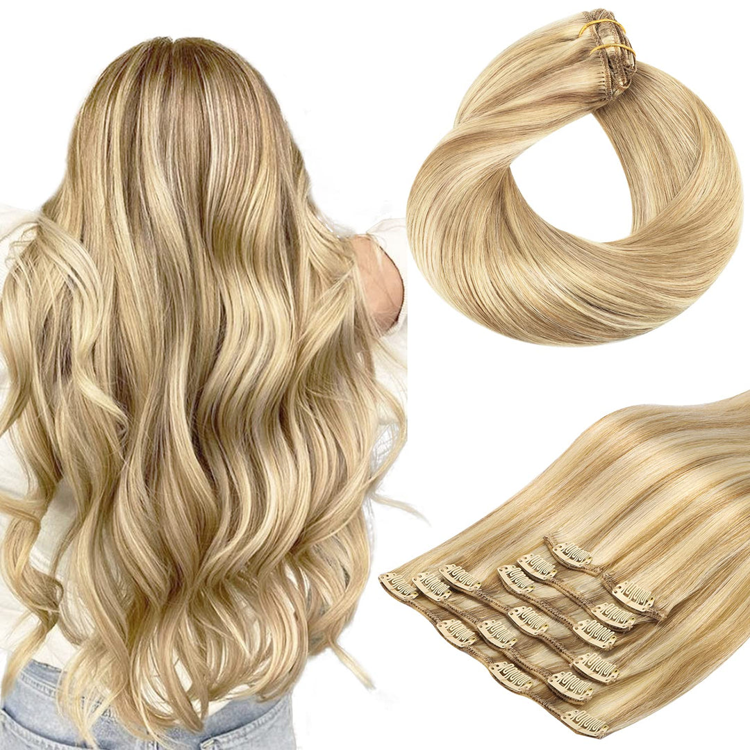 Clip In Hair Extensions, Hotbanana Light Blonde Highlighted Golden Blonde 120G Clip In Hair Extensions Real Human Hair Straight