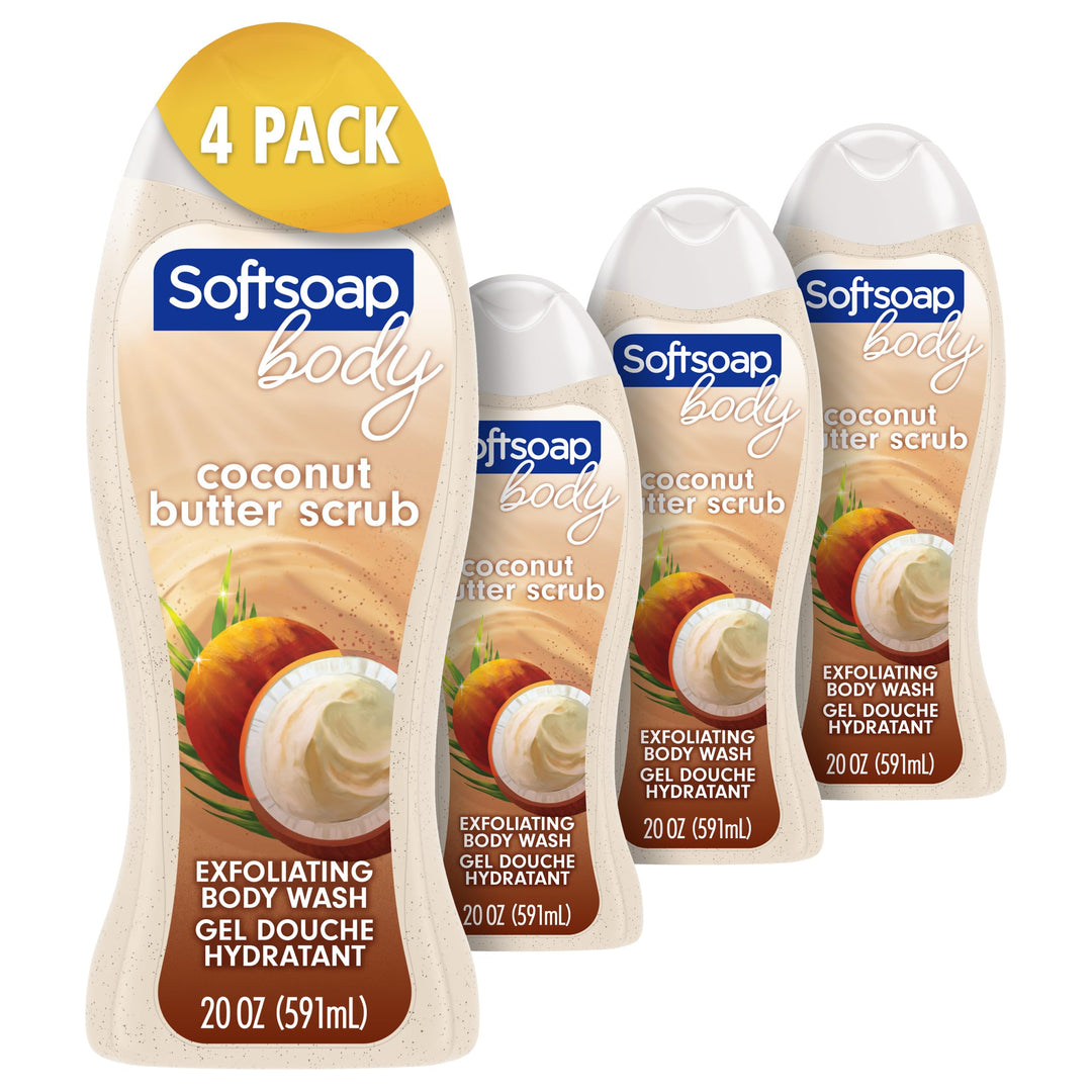 Softsoap Body Wash, Coconut Butter Scrub , Exfoliating Body Wash, 20 Ounce, 4 Pack
