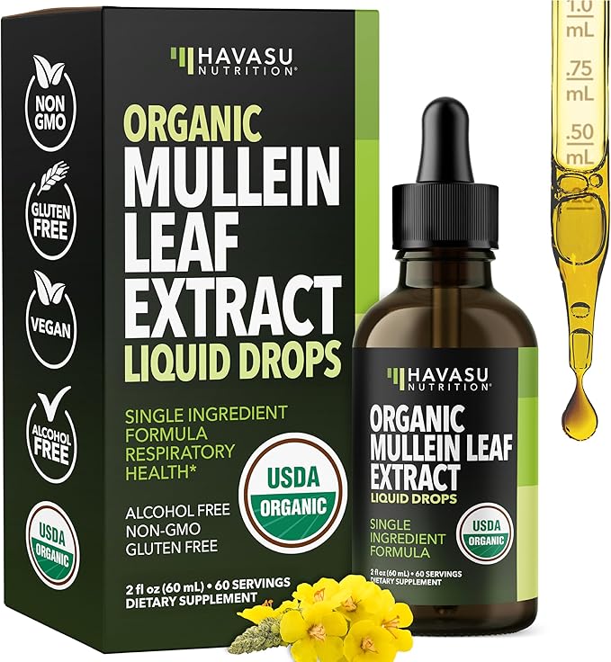 Mullein Drops for Lungs - USDA Organic Liquid - Respiratory Health and Lung Support Supplement - 2 Fl Oz - Vegan, Non-GMO, and Alcohol Free Formula - Daily Herbal Tincture - 2 Month Supply