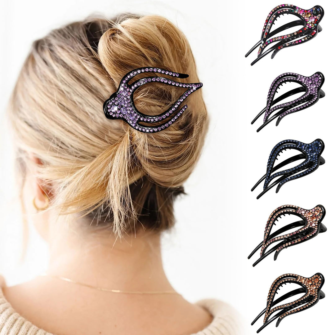 5PCS Rhinestone French Hair Clips for Women Thick Hair No Slip Curved Claw Clips Strong Hold Flat Hair Clip (Curved(Medium,3.74"))