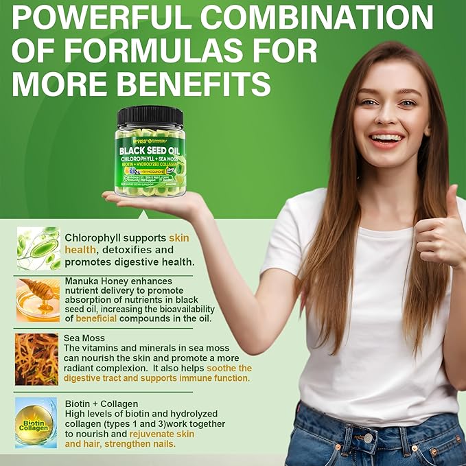 NEVISS Black Seed Oil Gummies, Chlorophyll & Sea Moss Supplement 500mg Ashwagandha Gummies 2000mg
