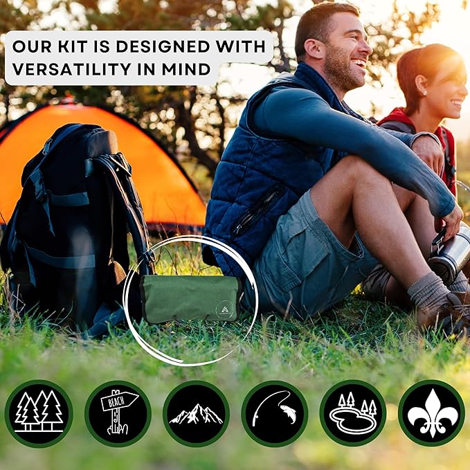Adventfortis USA: 25 Piece Ultimate Summer Camping Essentials kit, Fully Equiped Tent Repair kit, Heavy Duty Tent Stakes, Multifunction Camping Hammer, Repair Patches.