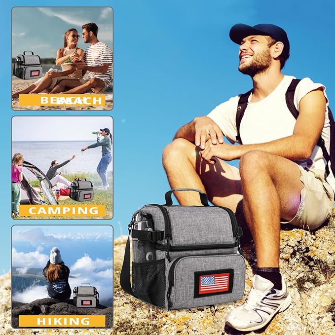 ATRIPACK 2 Compartment Lunch Bag for Men Adult, Tactical Lunch Box Leakproof Insulated Large Cooler Bag for Work with Adjustable Shoulder Strap Flag Double Layer Lunch Pail（Grey）