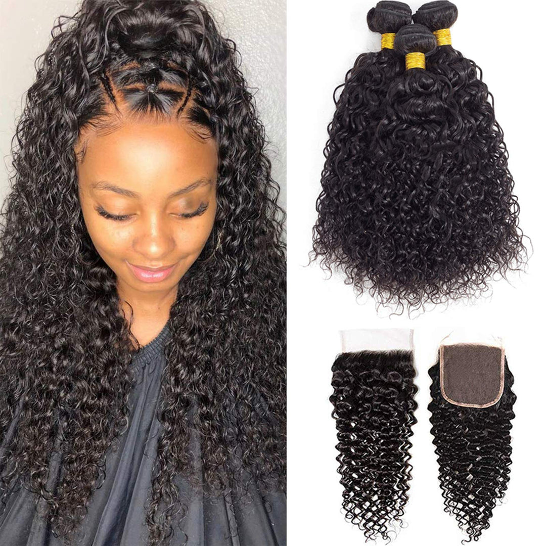 12A Curly Bundles Human Hair With Closure (14 16 18+14'') Brazilian Curly Hair 3 Bundles With Closure 100% Unprocessed Virgin Ki