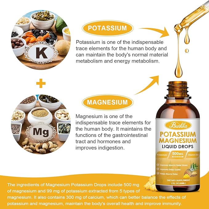 Potassium Magnesium Supplement - High Absorption Magnesium Complex 500mg & Potassium 99mg Plus Calcium, Vitamin D3, Zinc, Sugar Free Drops Supplement for Leg Cramps, Energy, Metabolism, for Adult