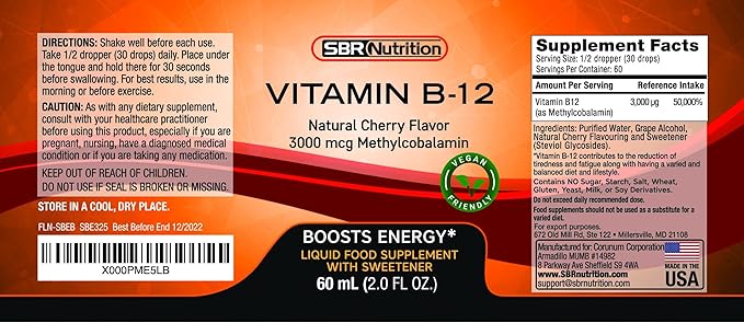 Vitamin B12 Sublingual Liquid Drops - Methylcobalamin, VIT B 12 Supports Energy, Max Absorption, 3000mcg Per Serving, 60 Servings, Non-GMO, Vegan Friendly, Manufactured in The USA