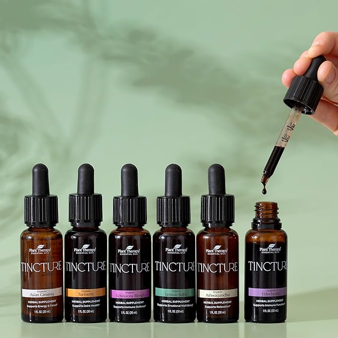 Plant Therapy Organic Tinctures Beginner Set 30 mL Each of Organic Ashwagandha, Asian Ginseng, Echinacea Blend, Elderberry, Lemon Balm & Turmeric