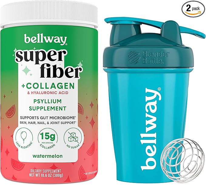 Bellway Super Fiber Powder + Collagen, Watermelon Shaker Bottle Bundle
