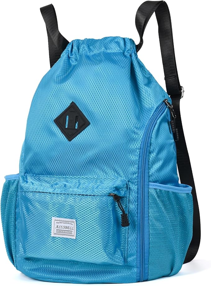 ALUSBELL Large Drawstring Backpack Bag, Sports Gym Bag String Sackpack with Shoes Compartment, Waterproof String Bag Cinch for Women Men(Lake Blue)