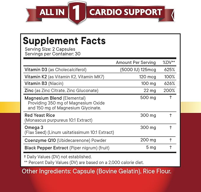 NEW AGE COQ10 200mg Red Yeast Rice Omega 3-6-9 Magnesium Complex Zinc Vitamin K2 D3 - Support Vitamins for Women and Men with Vitamin B3, Coenzyme Q10-180 Count