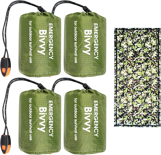 4 Pack Camo Emergency Sleeping Bags Survival Bivvy Sack with Whistles, Lightweight Portable Survival Gear for Outdoor Camping Hiking Keep Warm After Disasters (1PERSON)
