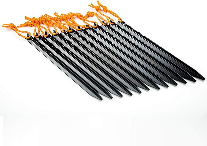 Aluminum Tent Stakes Pegs, 12-Pack Aluminum Ground Pegs with Reflective Pull Ropes, Heavy Duty Tri-Beam Metal Stakes Pegs for Backpacking Camping Tents Hammocks and Canopy