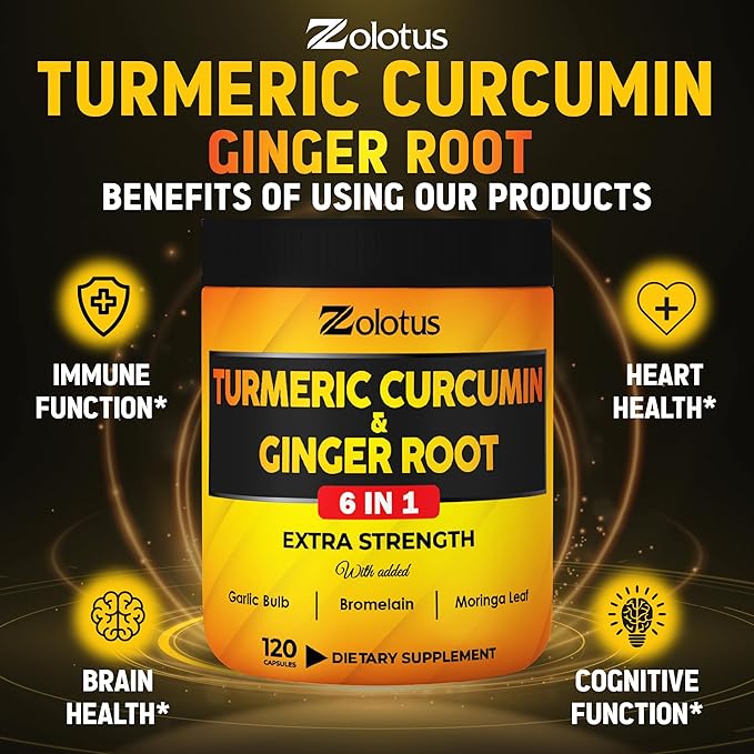 6 in 1 Turmeric Curcumin + Ginger Capsules, 95% Curcuminoids with Ginger, Garlic Bulb, Bromelain, Moringa, Black Pepper - 120 Capsules