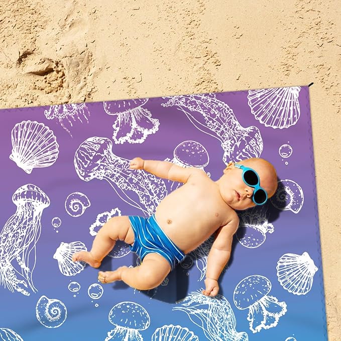 Beach Blanket Waterproof Sandproof Large Beach Mat 79" X 83" for 2-4 Adults Sand Free Mat Quick Drying,Durable with 4 Stakes & 4 Corner Pockets for Beach Travel Camping Hiking.(Purple)