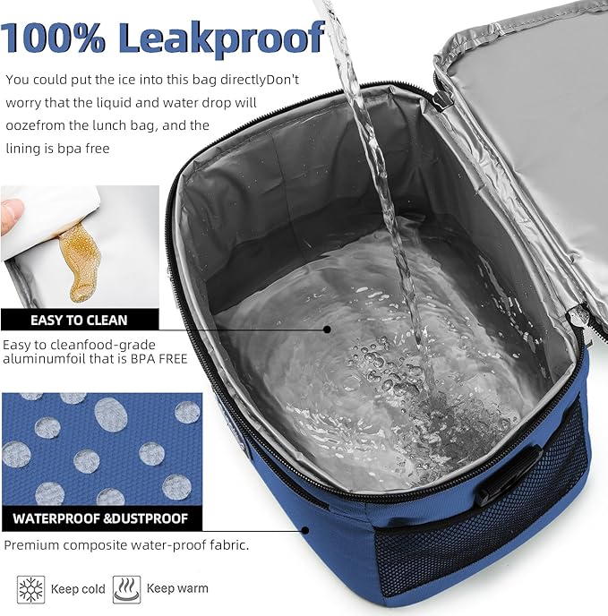 BEIMILY Lunch Box for Men/Women,Small Insulated Lunch Bag,Reusable LunchBox for work Picnic Hiking Beach,Leakproof Soft Cooler Tote Bag Organizer with Adjustable Shoulder Strap for Adults(Navy Blue)