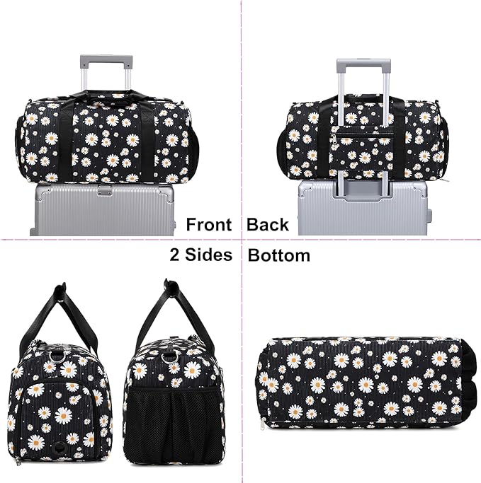 Dance Bag for Girls Corduroy Kids Duffel Bag Ballet Bag for Girls Teen Women Sports Gym Bag Water Resistant Travel Duffle Bags with Shoes Compartment（black daisy）