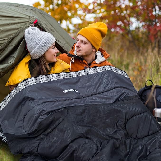 Cotton Flannel Double Sleeping Bag for Adults Machine Washable 2 Person Camping Sleeping Bag Queen Size Waterproof with Compression Sack for Cold Weather 3-4 Seasons