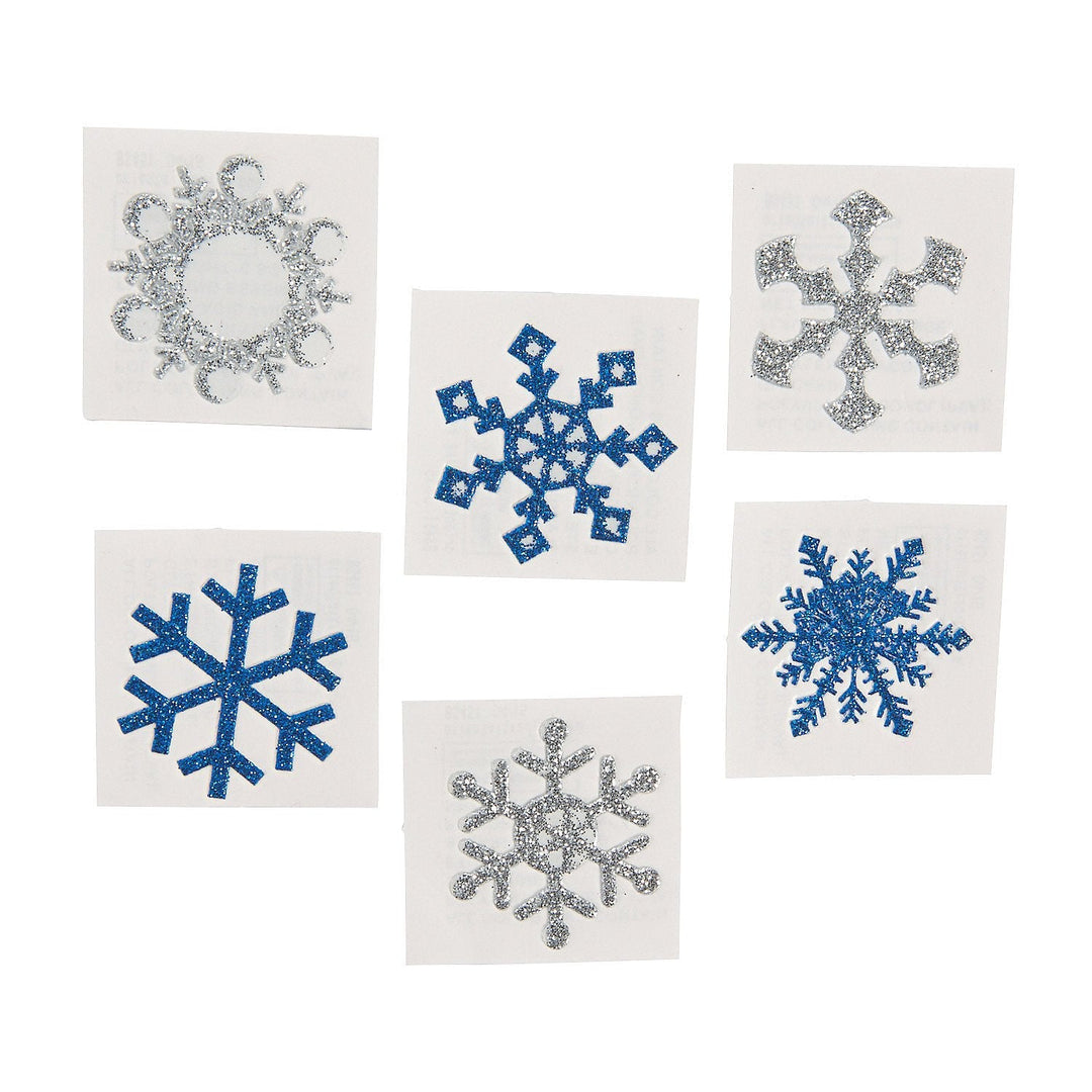 Fun Express - Winter Snowflake Glitter Tattoos - 12 Pieces - Silver & Blue - Temporary Tattoos - Winter Themed - Easy to Apply & Remove