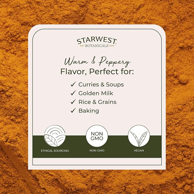Starwest Botanicals Organic Ground Turmeric Root Powder - Curcumin Spice for Cooking & Seasoning, Natural Source of Antioxidants, Immune Support, Certified Kosher, Non-GMO - Bulk 1 lb Bag