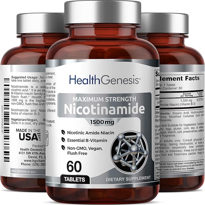 B-3 Nicotinamide 1500 mg 60 Tablets Maximum Strength - Nicotinic Amide Niacin Natural Flush-Free Vitamin Formula - Supports Skin Cell Health