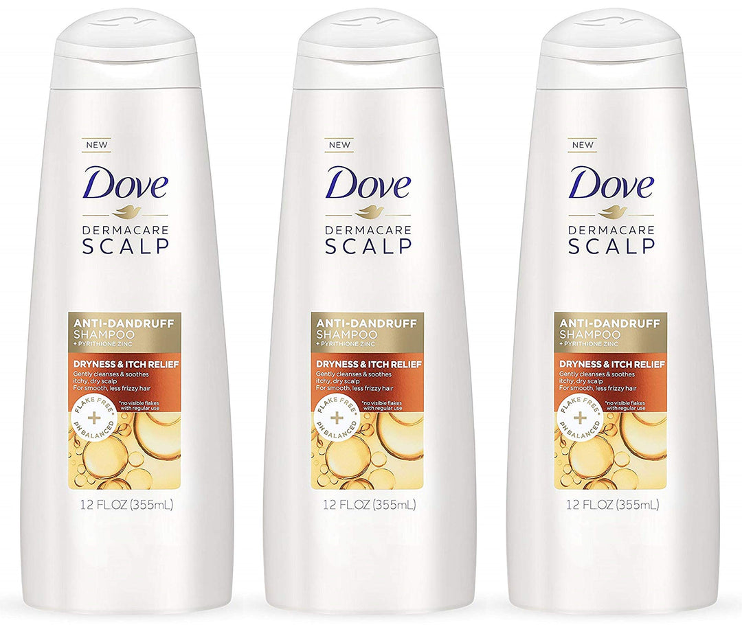 Dove Dermacare Scalp Haircare - Anti-Dandruff Shampoo - Dryness & Itch Relief - Net Wt. 12 Fl Oz (355 Ml) Per Bottle - Pack Of 3
