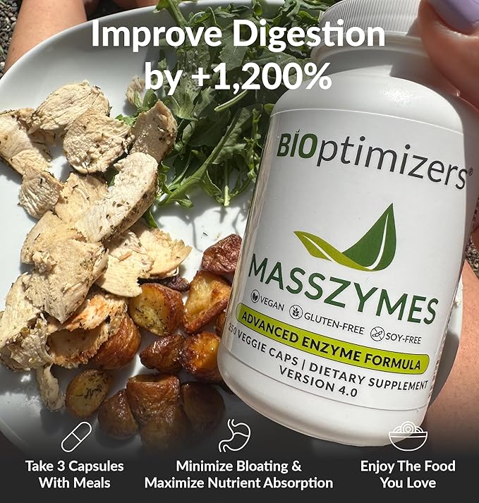 BIOptimizers MassZymes Digestive Enzymes Supplement – Max Nutrient Absorption, Boost Energy, Reduce Bloating – Health Vegan Dairy-Free – Muscle Recovery, Gut Health & Clarity - 100,000 Units 250 Caps