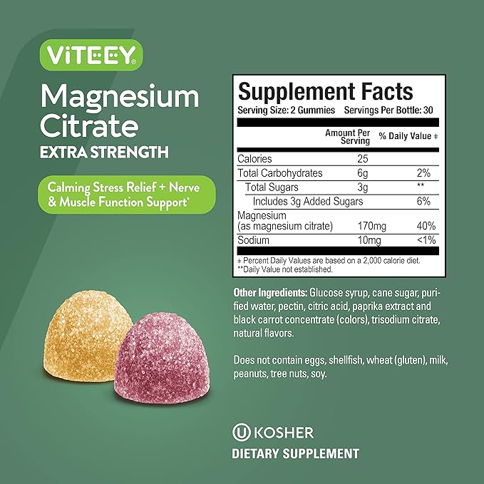 Magnesium Citrate Gummies for Adults & Teens - Extra Strength 170mg, Supports Calm Mood, Optimal Relaxation, Muscle Function - Vegan, Gelatin Free - Tasty Chewable Raspberry & Peach Flavored Gummy