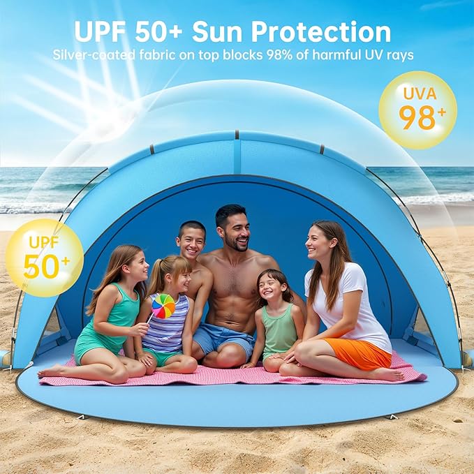 Beach Tent Sun Shelter, Beach Shade Tent with UPF50+ UV Protection, Beach Sun Shelter, Beach Shade with 2 Zippered Doors, Portable Beach Tent for Beach Camping Fishing