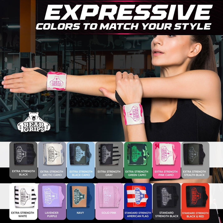 Bear Grips Extra Strength Gym Wrist Wraps for Weightlifting | 2 Wrist Wraps Per Pack | 12" & 18" | Pink, Polyester Material | Unisex