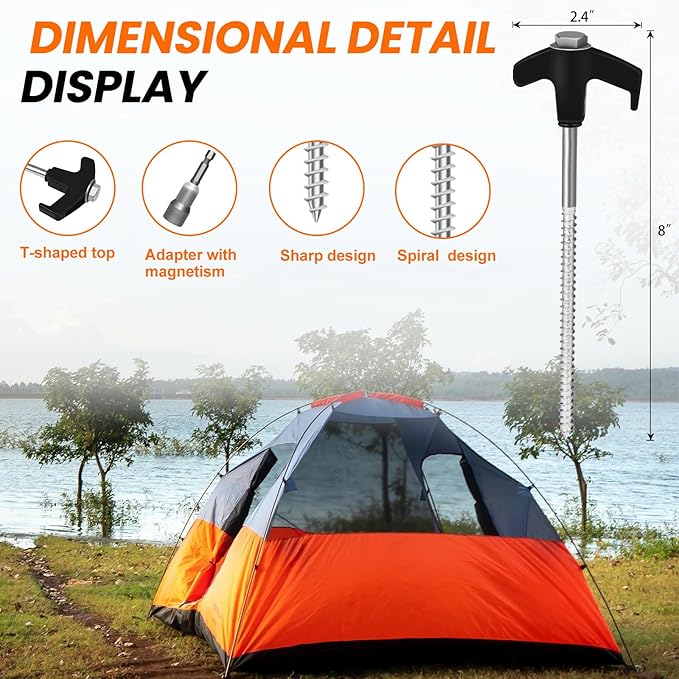 8" Screw in Tent Stakes 12PCS - Ground Anchors Screw - Screw in Tent Stakes Heavy Duty - Tent Pegs Camping Stakes - Hex Pegs Drillable Tent Stakes and Hexagon Head Drive and Storage Box (Black)