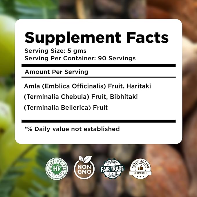 Triphala Churna Powder Traditional Ayurvedic Formulation Supports Detoxification and Rejuvenation Non GMO, Vegan 454 GMS