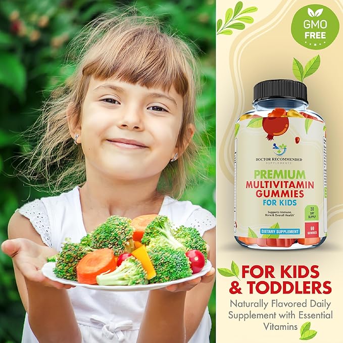 Premium Multivitamin Gummies for Toddlers & Kids - Chewable Essential Daily Vitamins A, C, D3, E, B6, B12, Biotin - No High-Fructose-Corn-Syrup or Artificial Sweeteners - 60 Gummies, 30-Day Supply