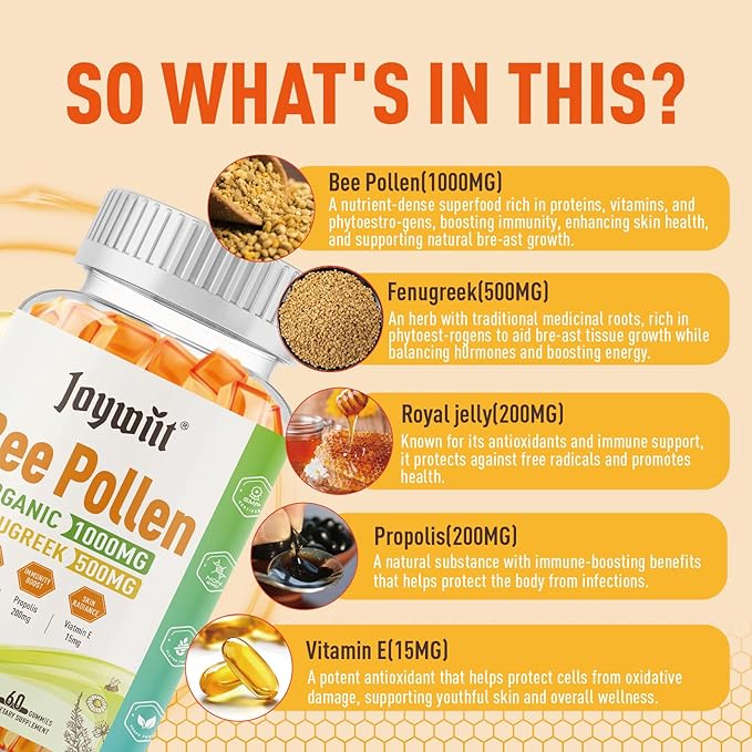 Bee Pollen 1000mg Sugar Free Gummies for Breast Growth, w/Fenugreek, Royal Jelly, Propolis, Organic Bee Pollen Supplement for Women, Rich in Vitamin E, Strengthen Immunity & Skin Care, 60 Counts
