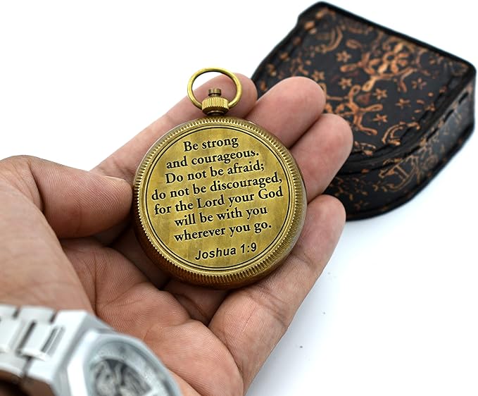 Be Strong and Courageous (Joshua 1:9) Brass Compass with wooden Box-Engraved Scripture Prayer Compass Religious Gift for Men & Women - Baptism, Confirmation, Communion Compass for Boys Graduation Gift