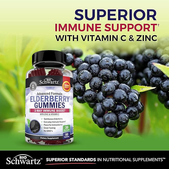 Elderberry Gummies with Zinc and Vitamin C for Adults & Kids - Natural Immune Support - Black Sambucus Elderberries - Powerful Multiminerals Supplement - Gluten-Free, Non-GMO, Vegan Friendly, 60ct