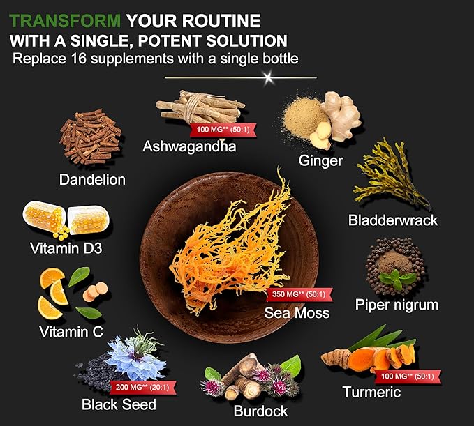 16-in-1 Organic Sea Moss, Ashwagandha, Black Seed Oil, Turmeric, Bladderwrack Burdock, Vitamin C & D3 with Elderberry Manuka Dandelion Yellow Dock