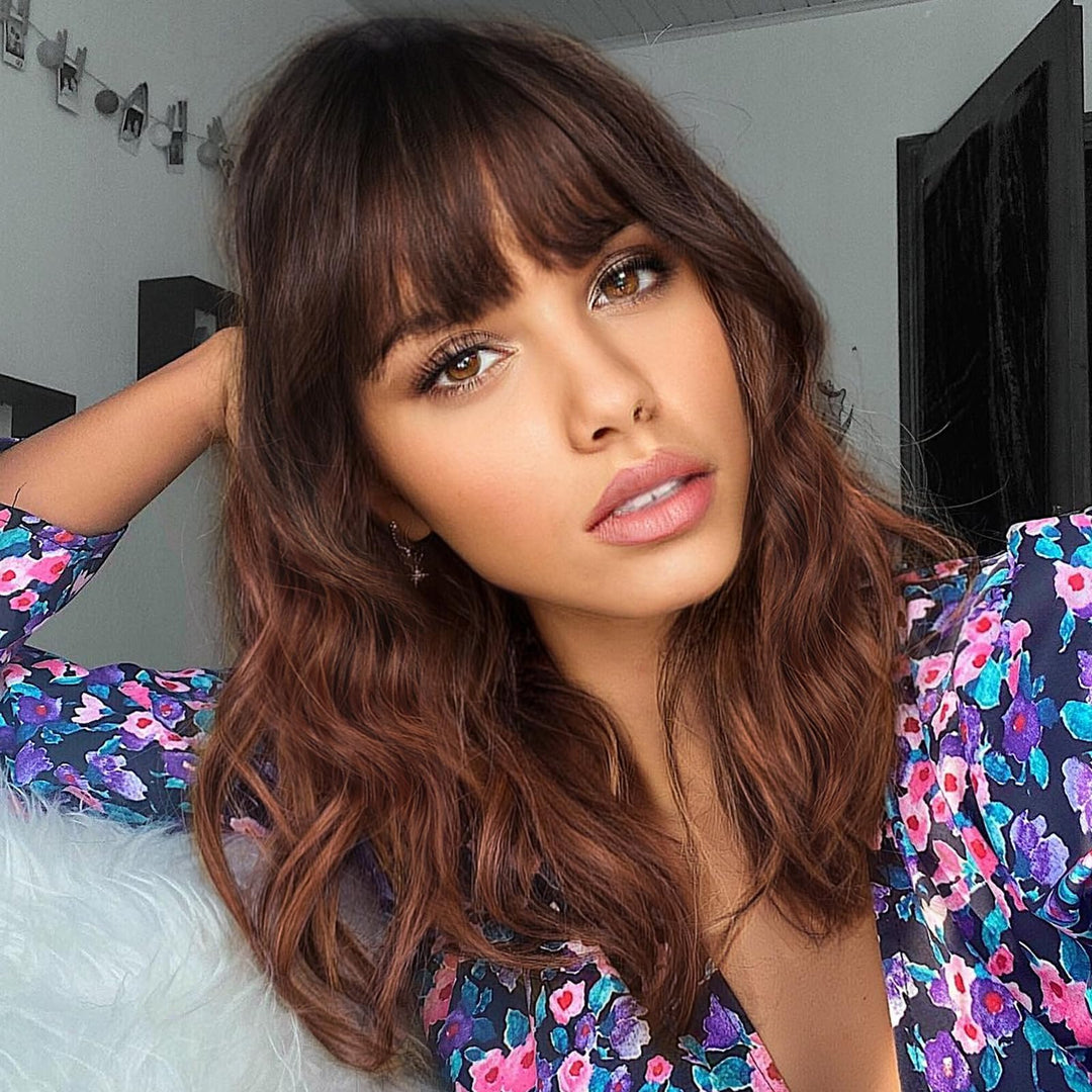 Nnzes Wig With Bangs For Women Short Bob Wavy Ombre Caramel Brown Synthetic Wigs With Natural Shoulder Length Curly Heat Resista