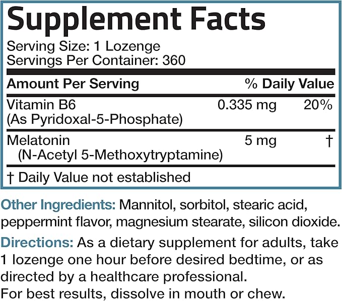 Bronson Melatonin 5mg Fast Dissolve Peppermint Tablets with Vitamin B6 - Promotes Relaxation, 360 Vegetarian Chewable Lozenges